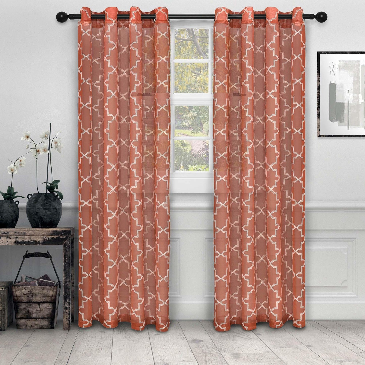 Embroidered Quatrefoil Semi Sheer 2 Piece Curtain Panel Set