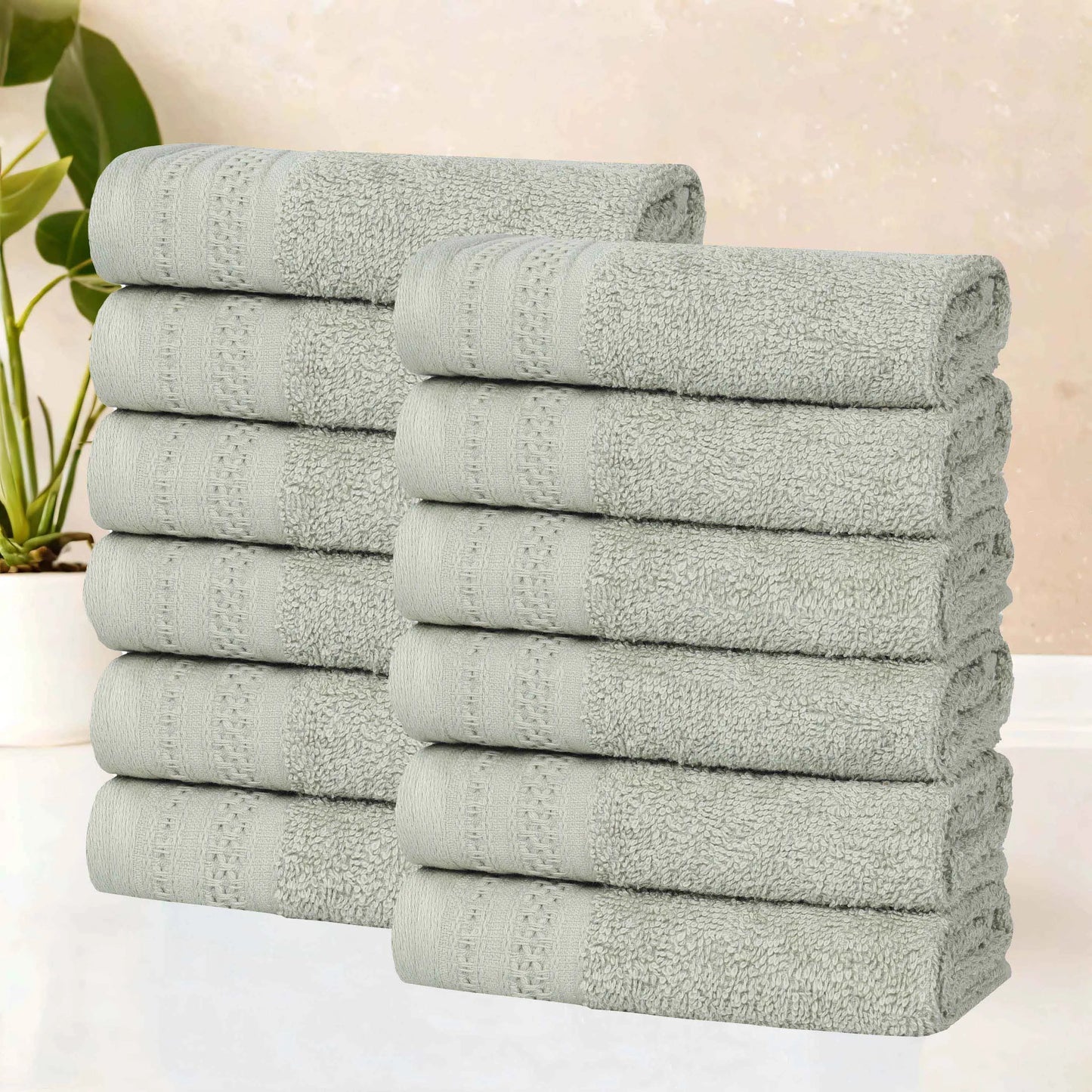 Honeycomb Textured Waffle Border Cotton Face Towels, Set of 6