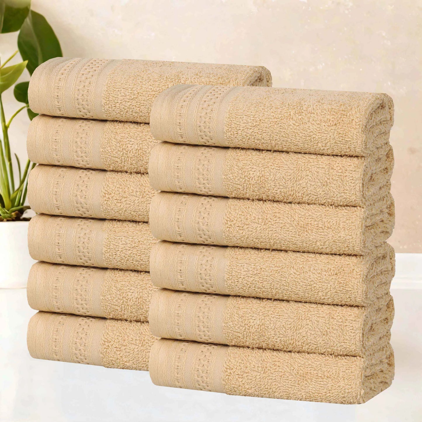 Honeycomb Textured Waffle Border Cotton Face Towels, Set of 6