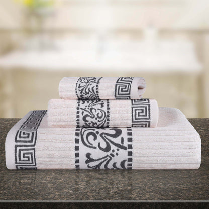 Athens Cotton Medium Weight Floral Greek Key Trim 3 Piece Towel Set - Ivory-Gray