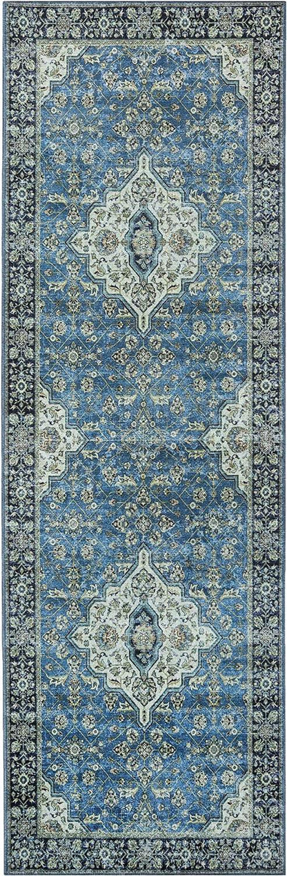 Classic Damask Medallion Border Washable Indoor Area Rug or Runner
