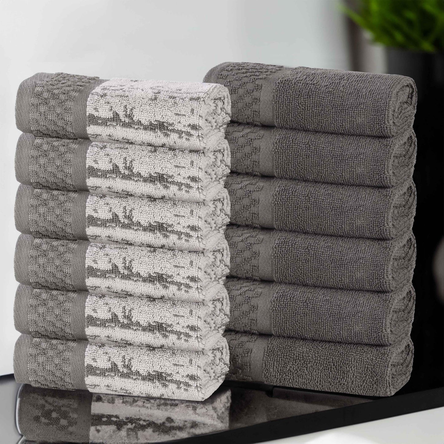 Lodie Cotton Jacquard Solid and Two-Toned Face Towel Washcloth Set of 12
