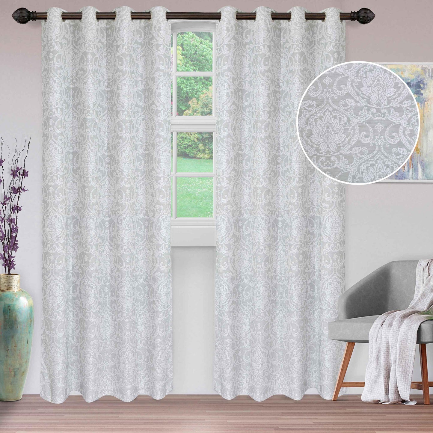 Jacquard Light Filtering Floral Damask Grommet Curtain Panels Set of 2