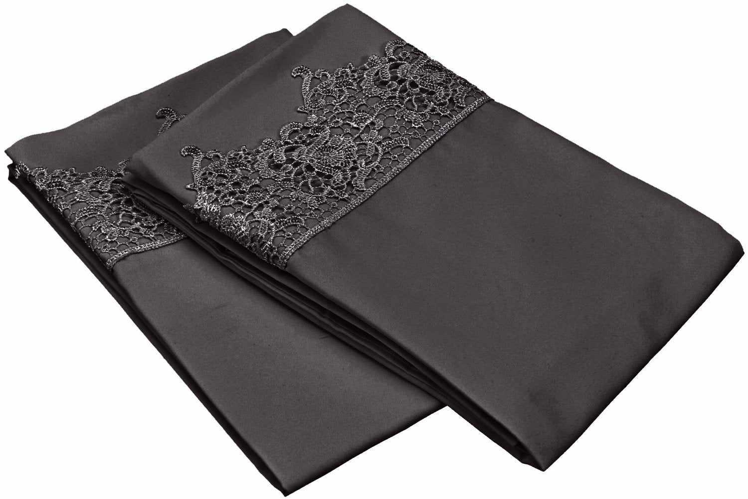  2 Piece Microfiber Lace Embroidery Solid Pillowcase Set - Charcoal