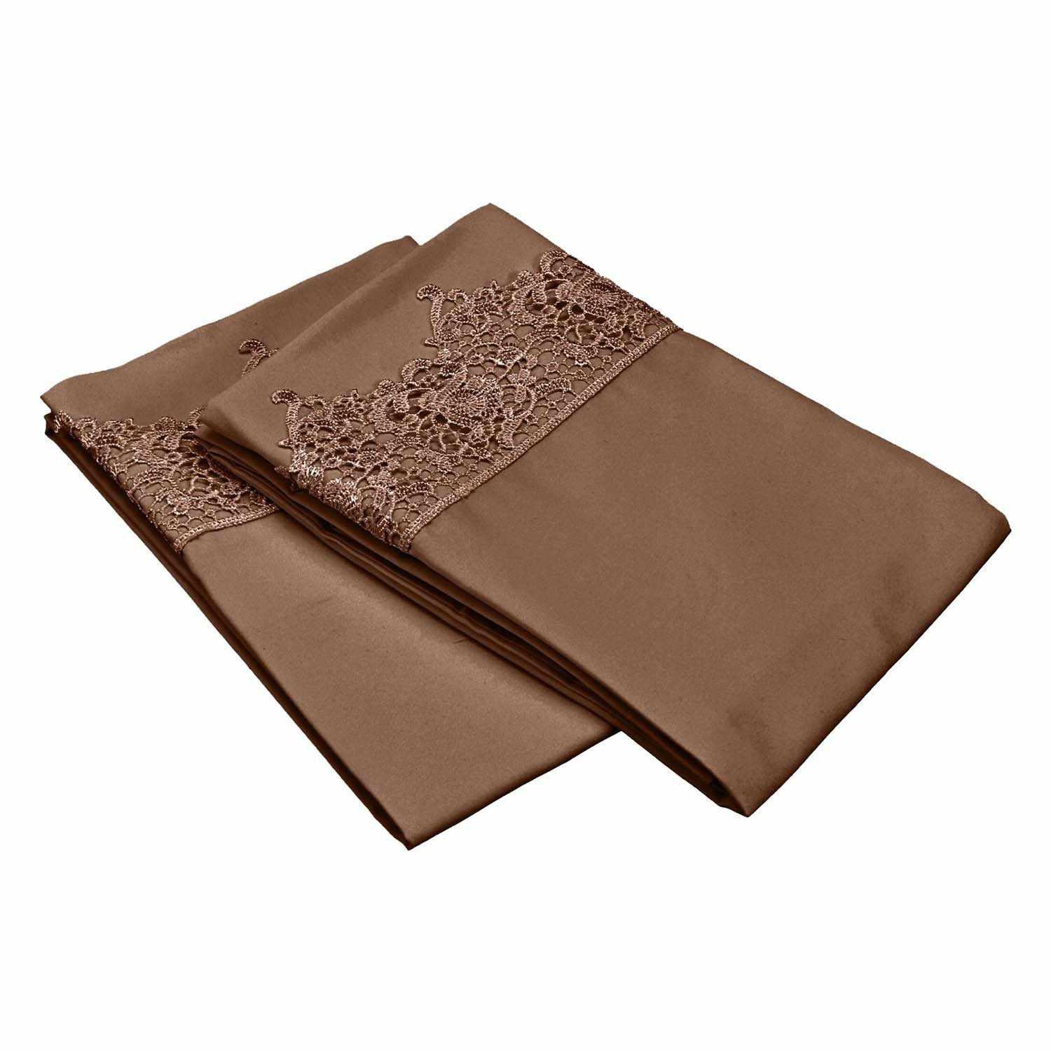  2 Piece Microfiber Lace Embroidery Solid Pillowcase Set - Taupe