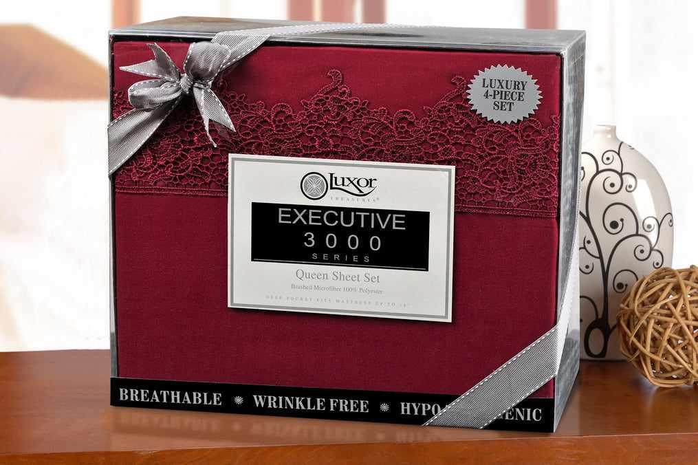  Superior Lace Overlay Solid Wrinkle Resistant Sheet Set - Burgundy