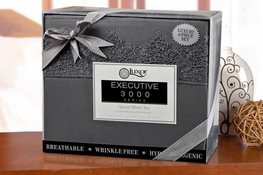  Superior Lace Overlay Solid Wrinkle Resistant Sheet Set - Charcoal