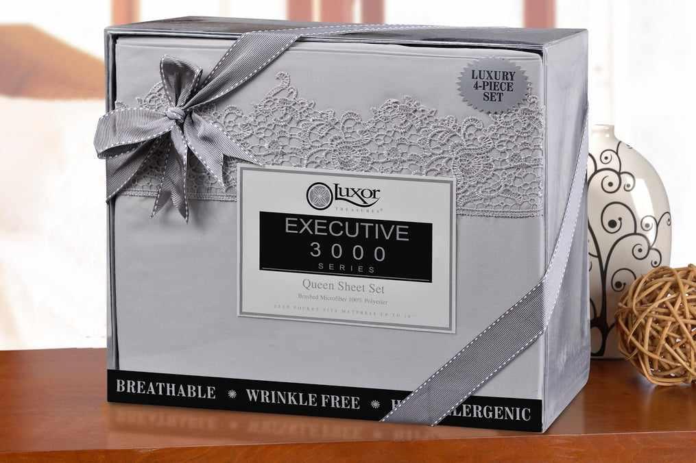  Superior Lace Overlay Solid Wrinkle Resistant Sheet Set - Grey