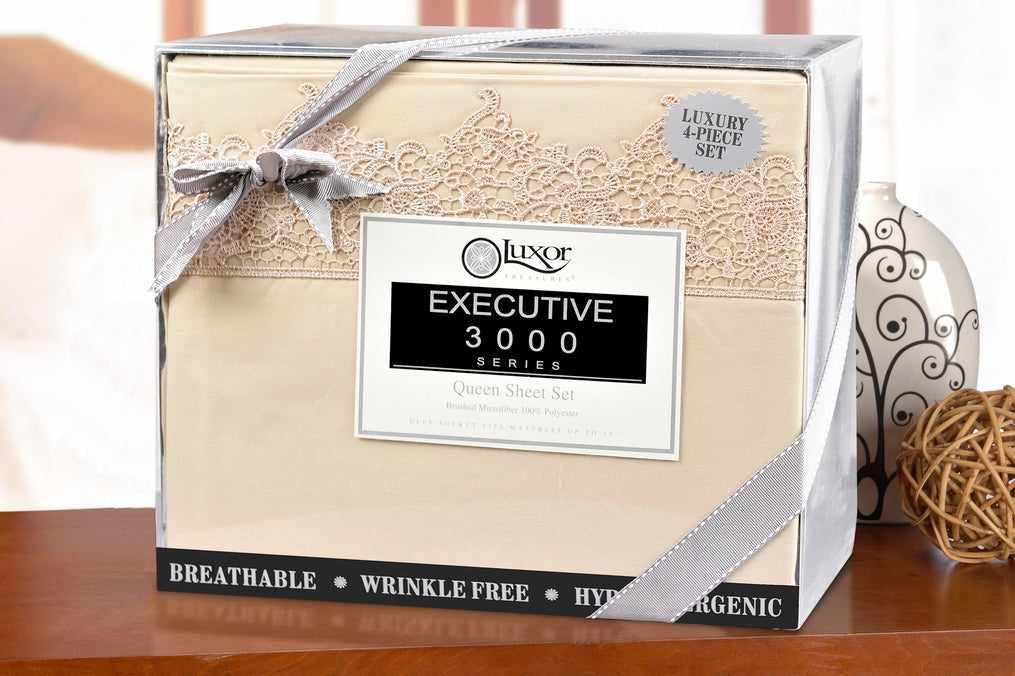  Superior Lace Overlay Solid Wrinkle Resistant Sheet Set - Tan