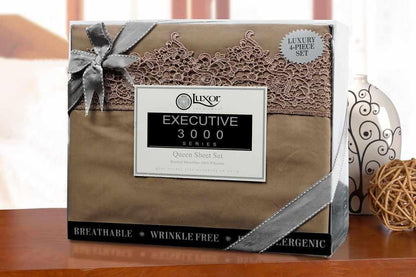  Superior Lace Overlay Solid Wrinkle Resistant Sheet Set - Taupe