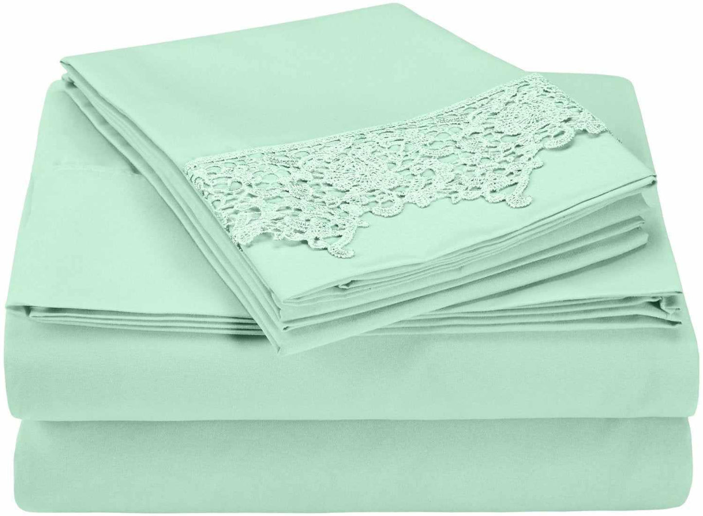 Superior Lace Overlay Solid Wrinkle Resistant Sheet Set  - Mint