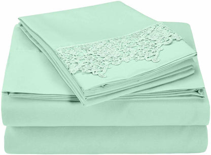 Superior Lace Overlay Solid Wrinkle Resistant Sheet Set  - Mint