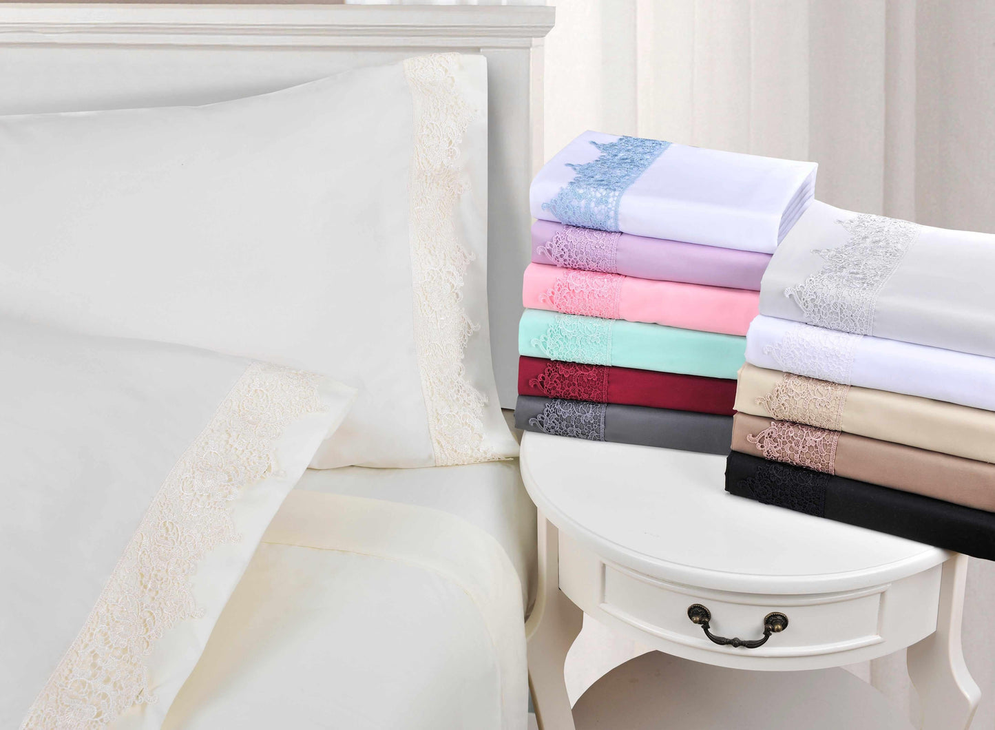 Superior Lace Overlay Solid Wrinkle Resistant Sheet Set  - Tan