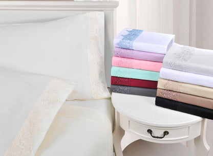 Superior Lace Overlay Solid Wrinkle Resistant Sheet Set  - Tan