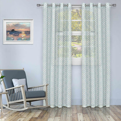 Printed Honey Comb Sheer Curtain Panel Set with Grommet Top Header