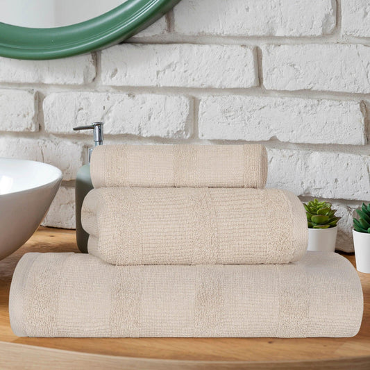 Ribbed Turkish Cotton 3-Piece Solid Quick-Dry Assorted Highly Absorbent Towel Set - Stone