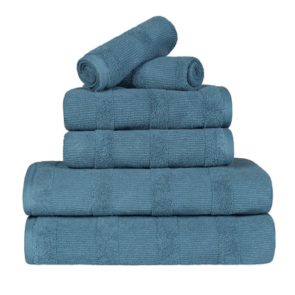 Ribbed Cotton Medium Weight 6 Piece Bath Towel Set - Denim Blue
