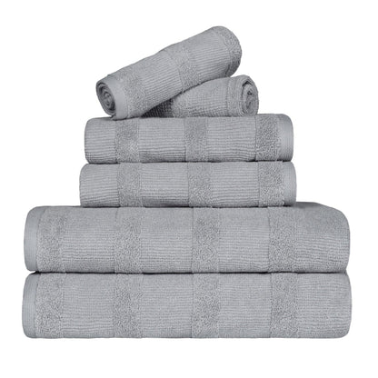 Ribbed Cotton Medium Weight 6 Piece Bath Towel Set - Silver