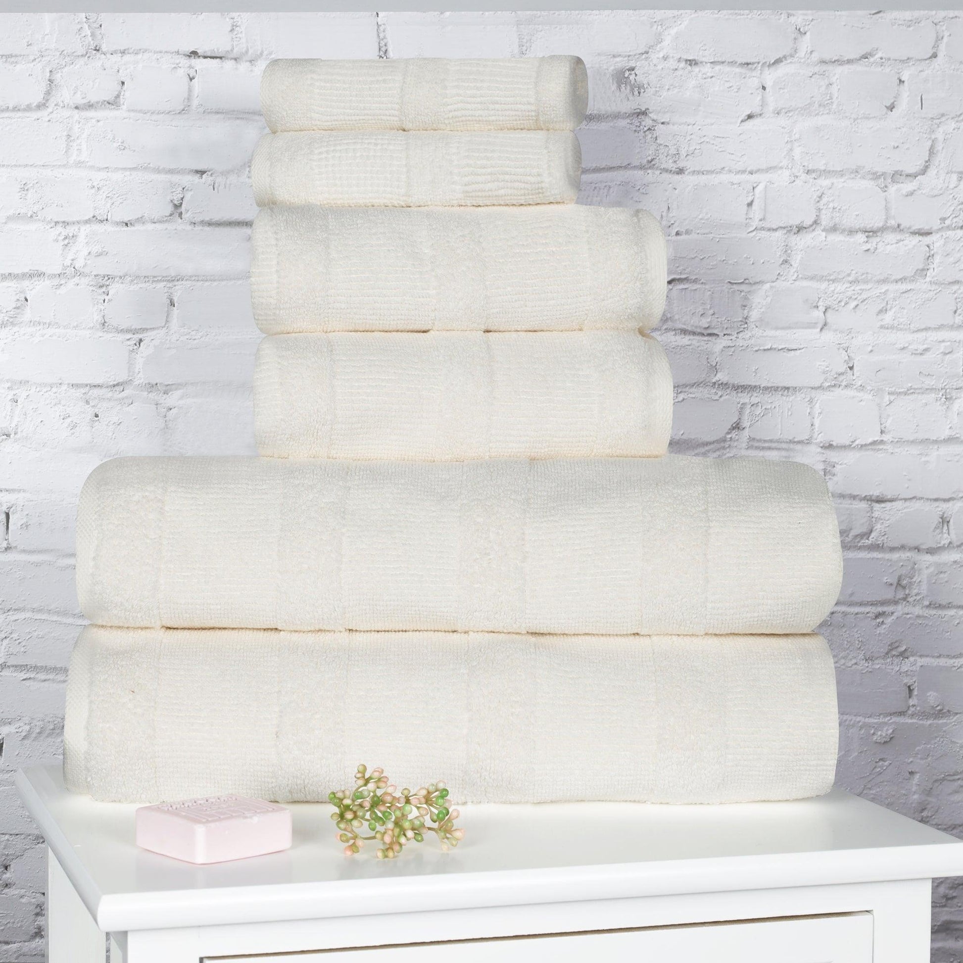 Ribbed Cotton Medium Weight 6 Piece Bath Towel Set - Ivory