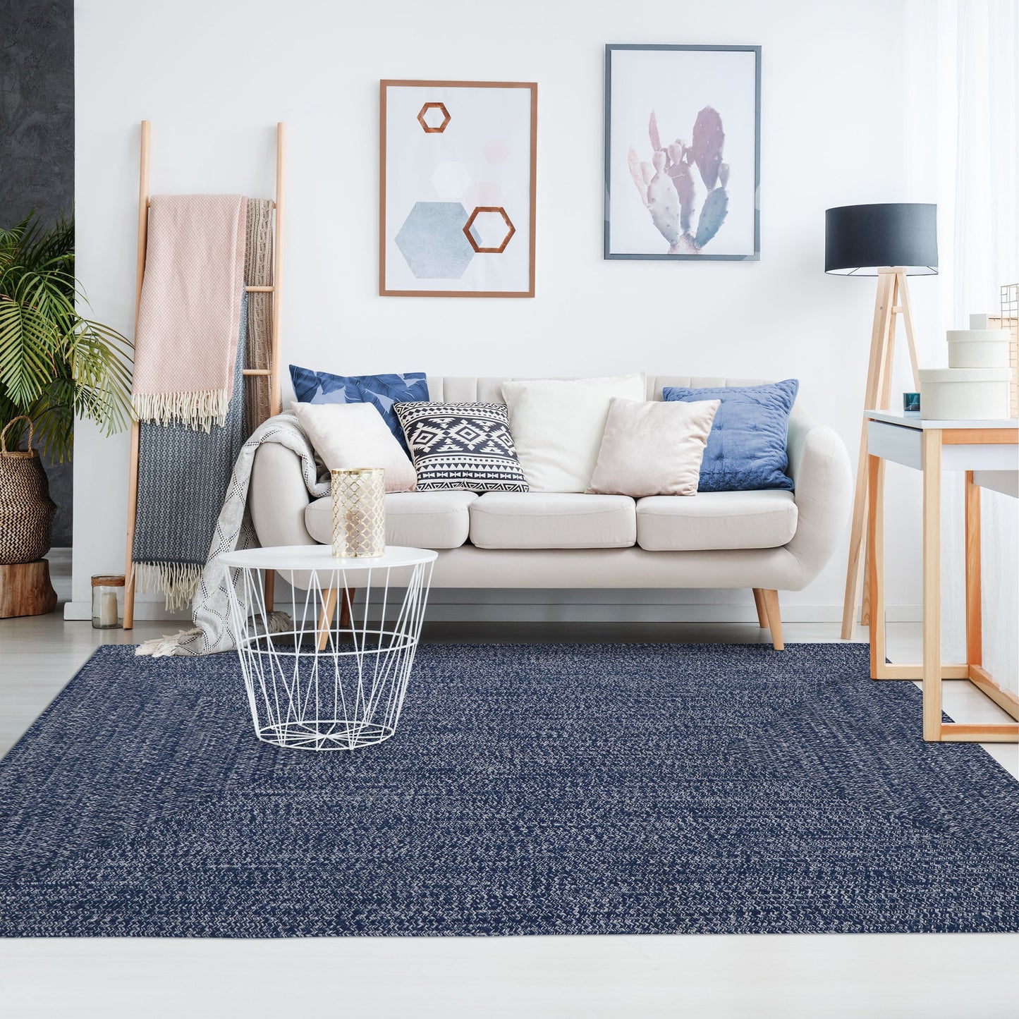 Multi Toned Braided Area Rug Bohemian Indoor Outdoor Rugs - DenimBlue-White