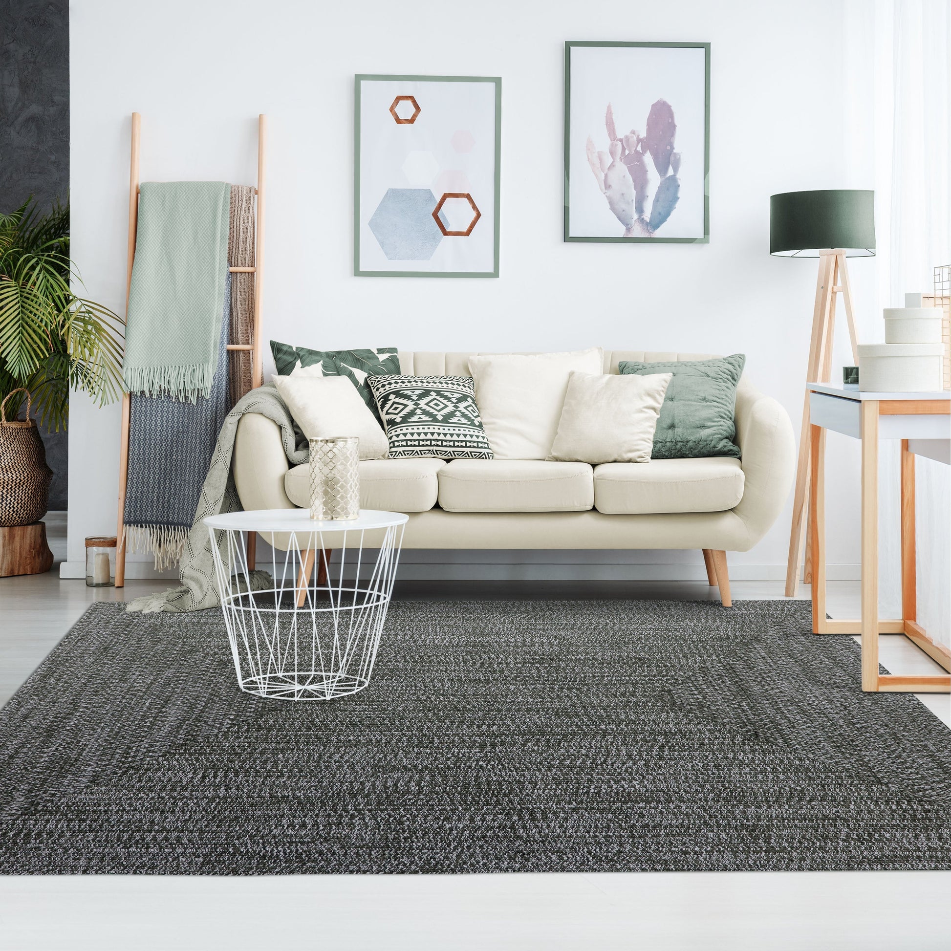 Multi Toned Braided Area Rug Bohemian Indoor Outdoor Rugs - FogGreen-White