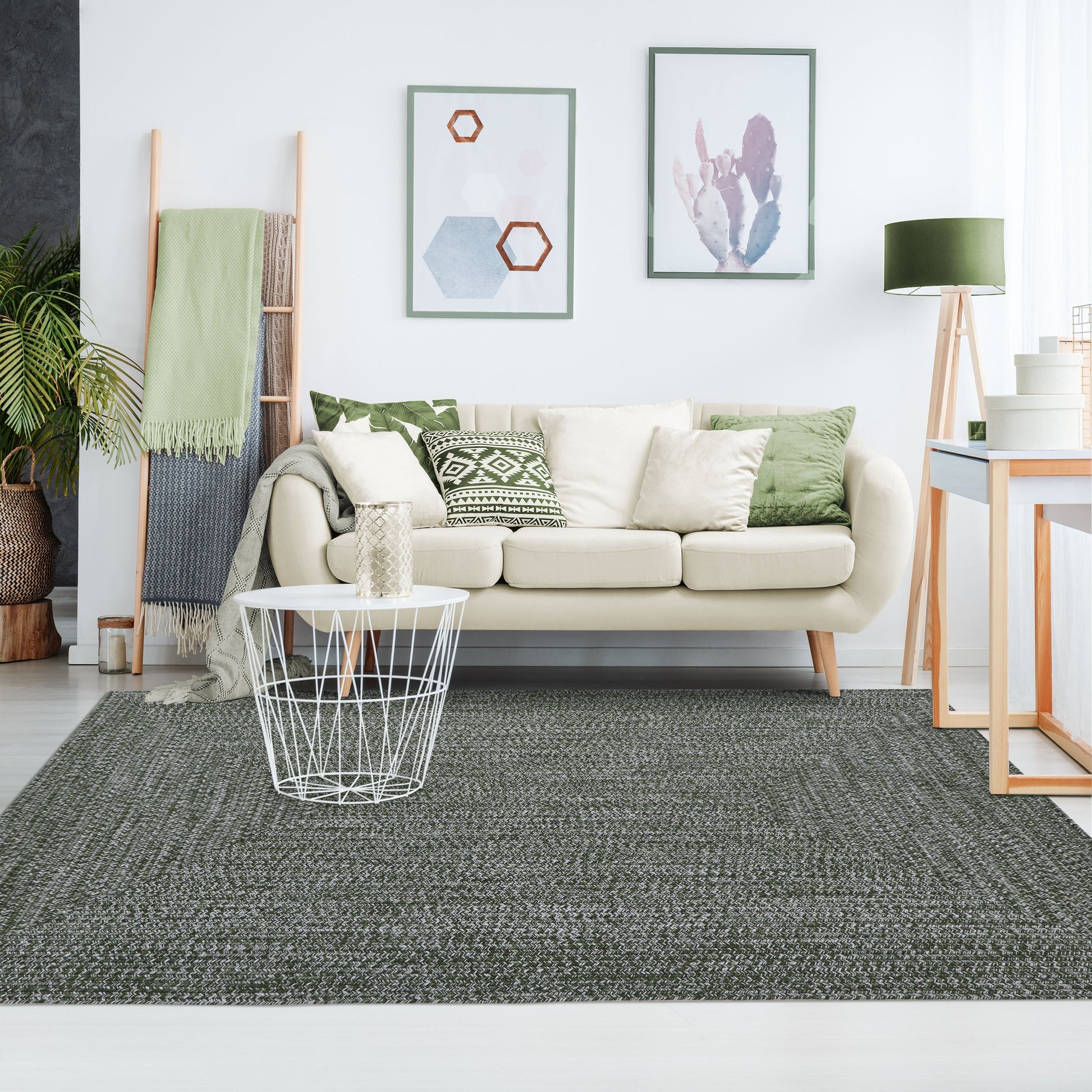 Multi Toned Braided Area Rug Bohemian Indoor Outdoor Rugs - Green-White
