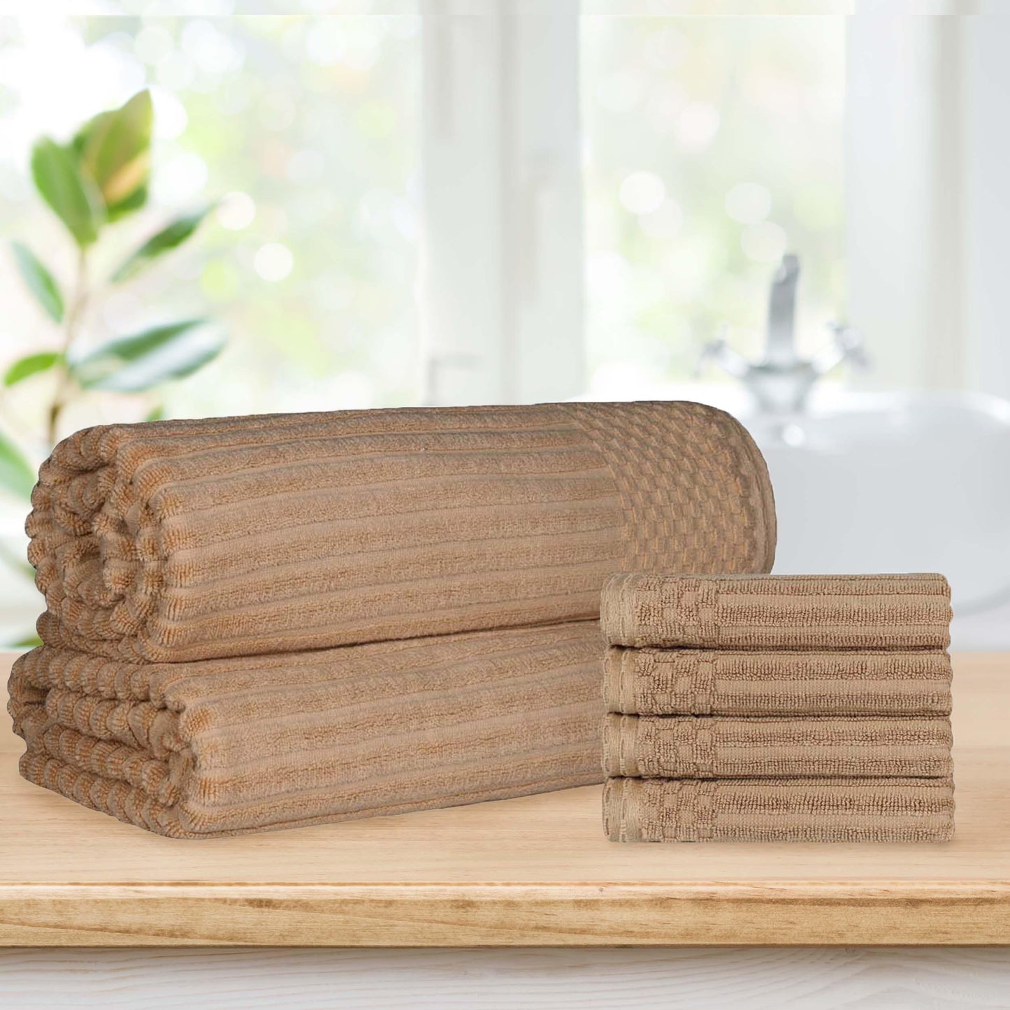 Soho Ribbed Textured Cotton Absorbent Hand Towel and Bath Sheet Set