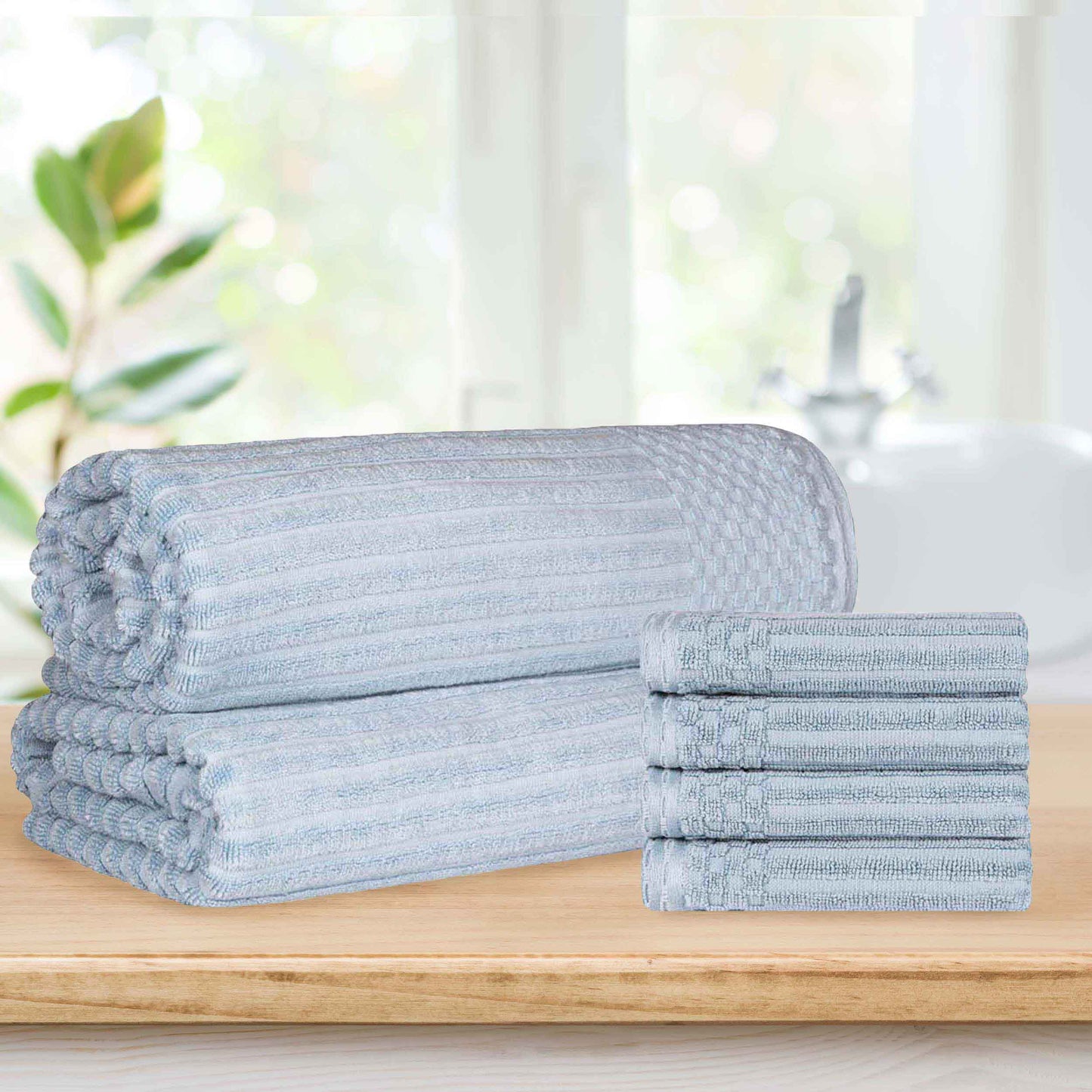 Soho Ribbed Textured Cotton Absorbent Hand Towel and Bath Sheet Set