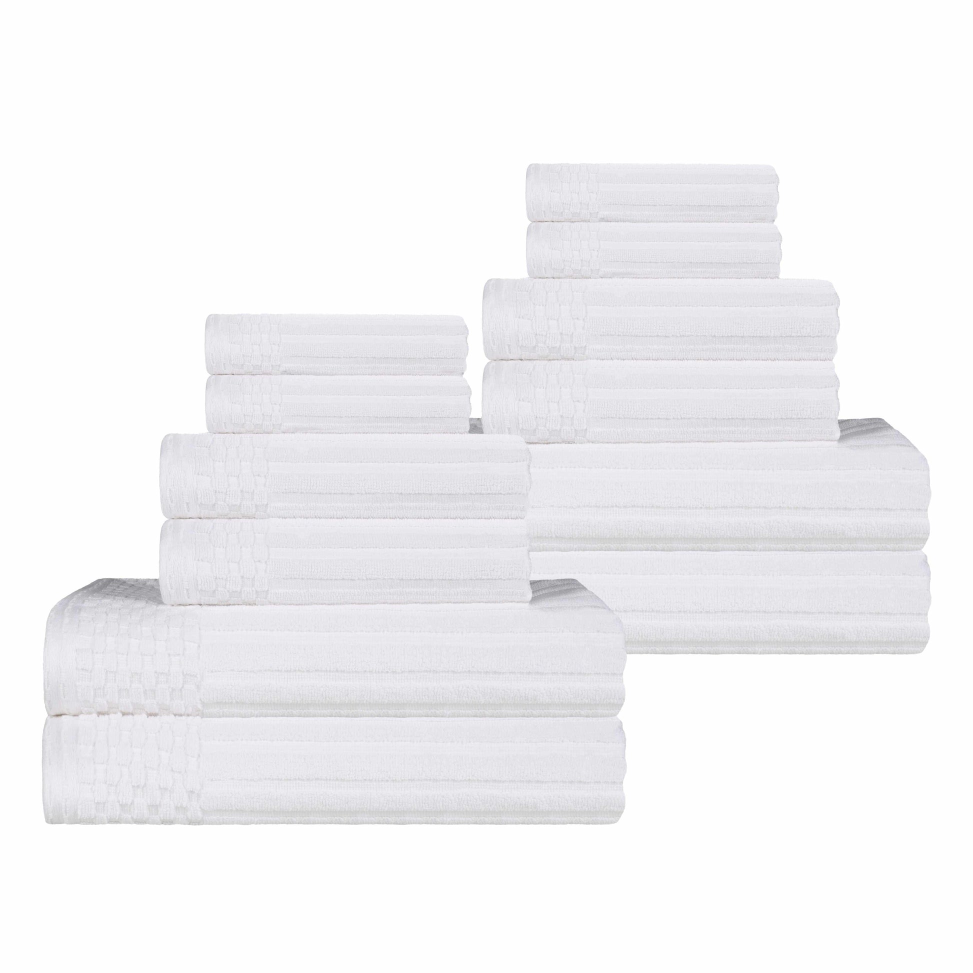 Ribbed Textured Cotton Medium Weight 12 Piece Towel Set - White