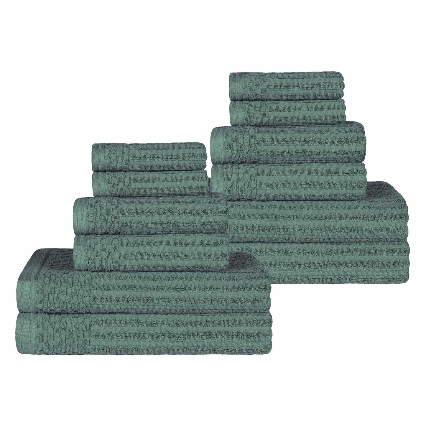Ribbed Textured Cotton Medium Weight 12 Piece Towel Set - Basil