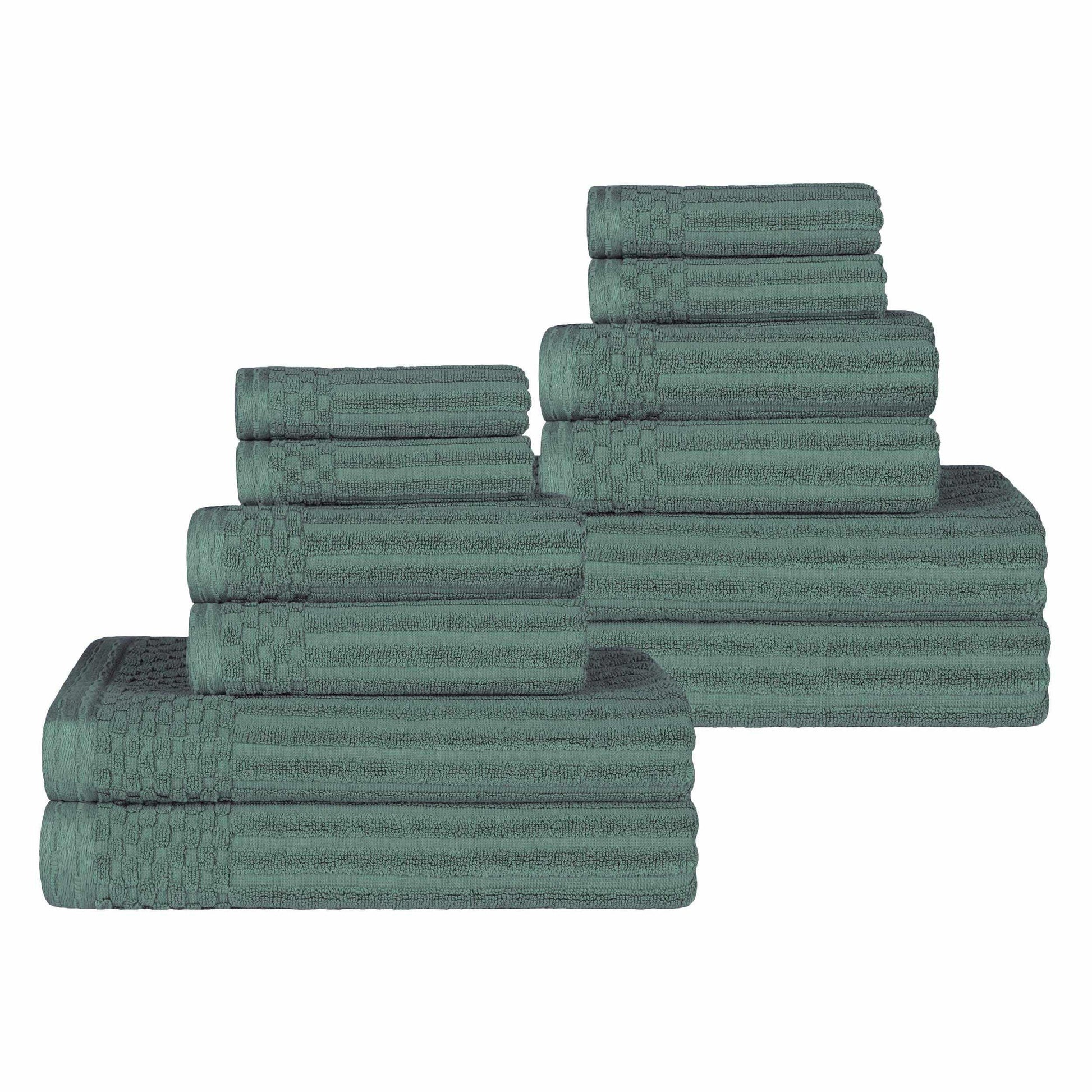 Ribbed Textured Cotton Medium Weight 12 Piece Towel Set - Basil