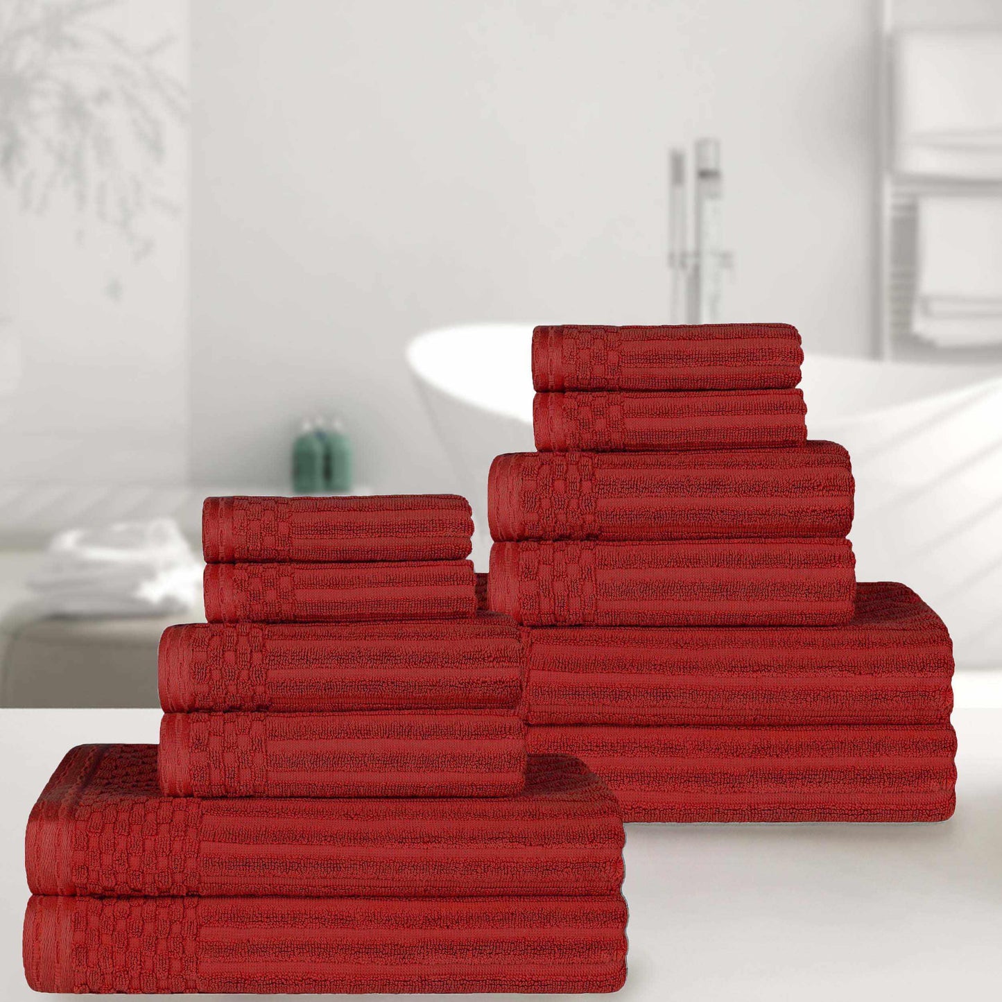 Ribbed Textured Cotton Medium Weight 12 Piece Towel Set - Burgundy