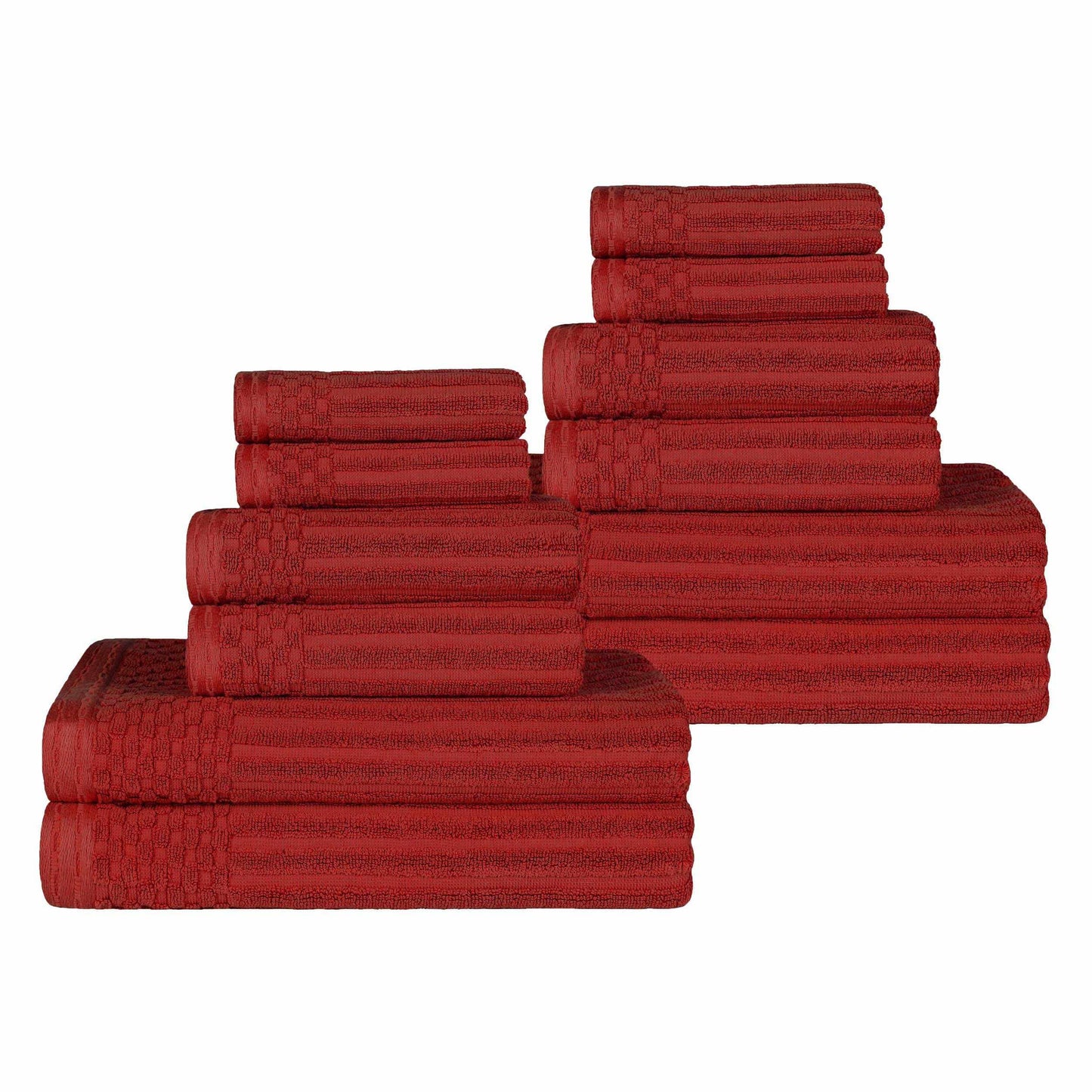 Ribbed Textured Cotton Medium Weight 12 Piece Towel Set - Burgundy