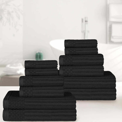 Ribbed Textured Cotton Medium Weight 12 Piece Towel Set - Black