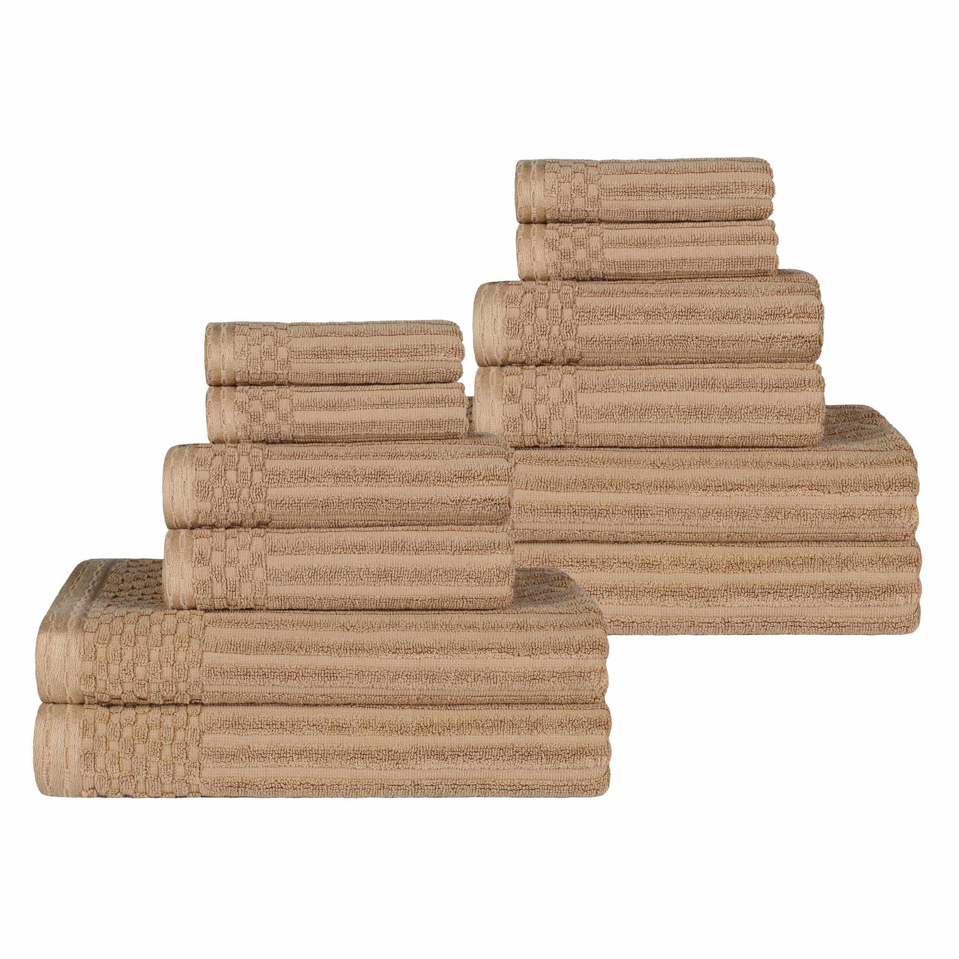 Ribbed Textured Cotton Medium Weight 12 Piece Towel Set -  Coffee