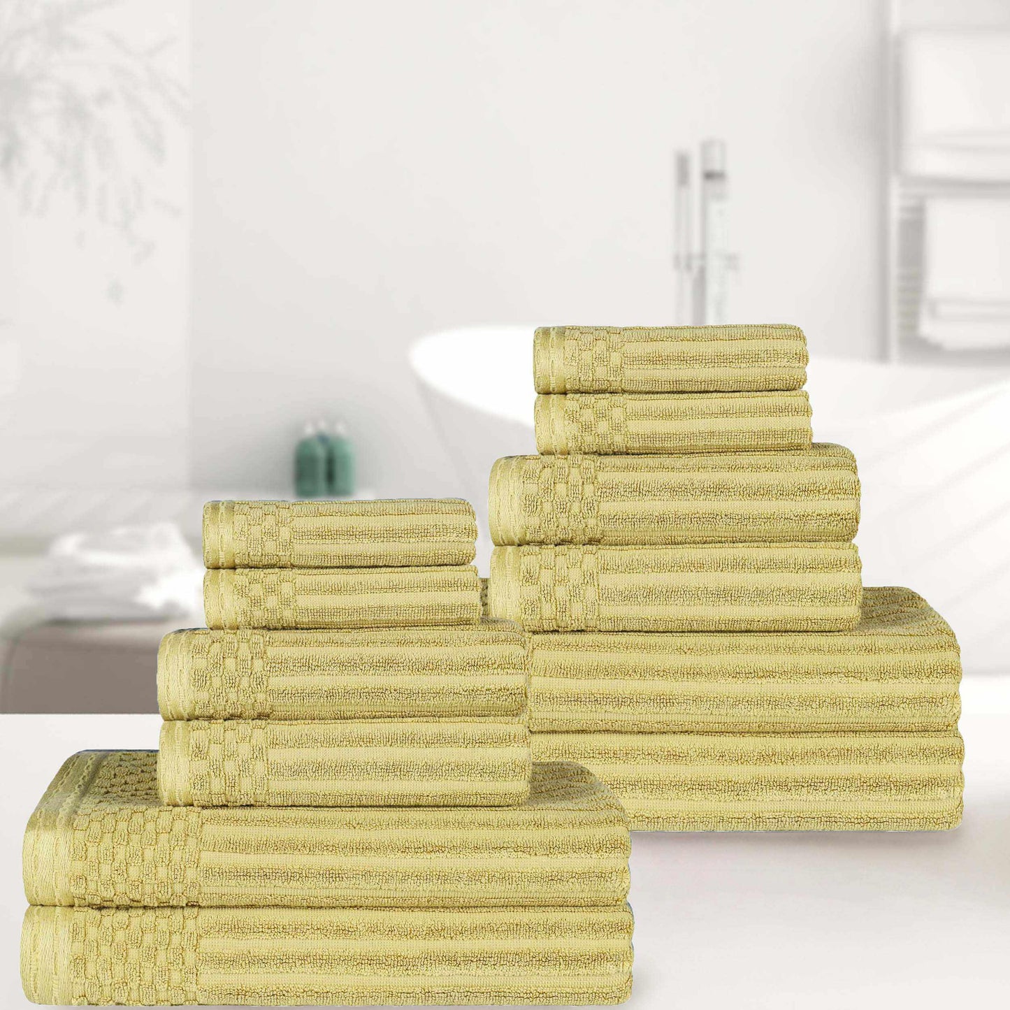 Ribbed Textured Cotton Medium Weight 12 Piece Towel Set - Golden Mist