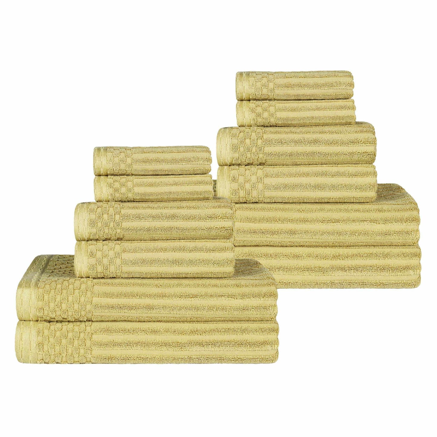 Ribbed Textured Cotton Medium Weight 12 Piece Towel Set - Golden Mist