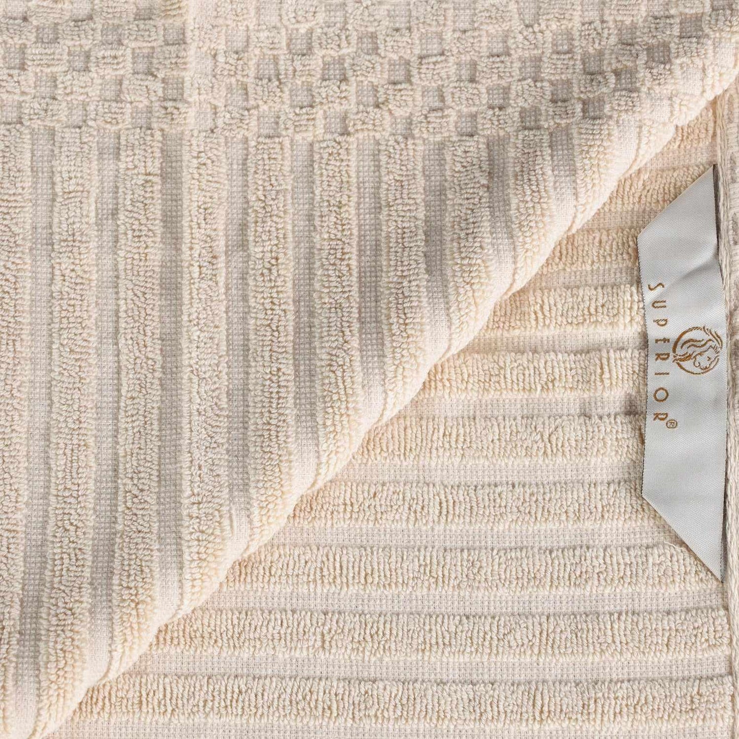 Ribbed Textured Cotton Medium Weight 12 Piece Towel Set -  Ivory