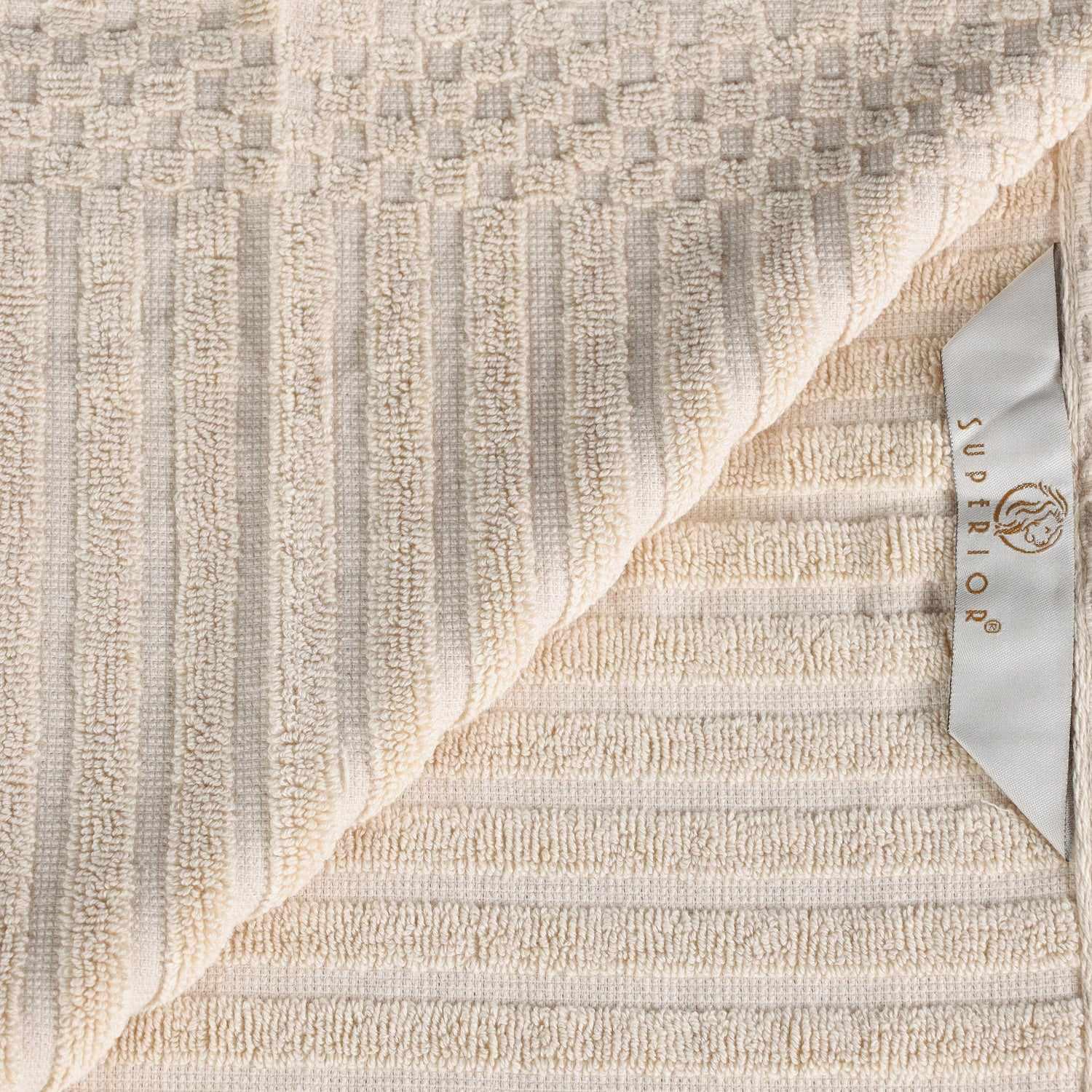 Ribbed Textured Cotton Medium Weight 12 Piece Towel Set -  Ivory