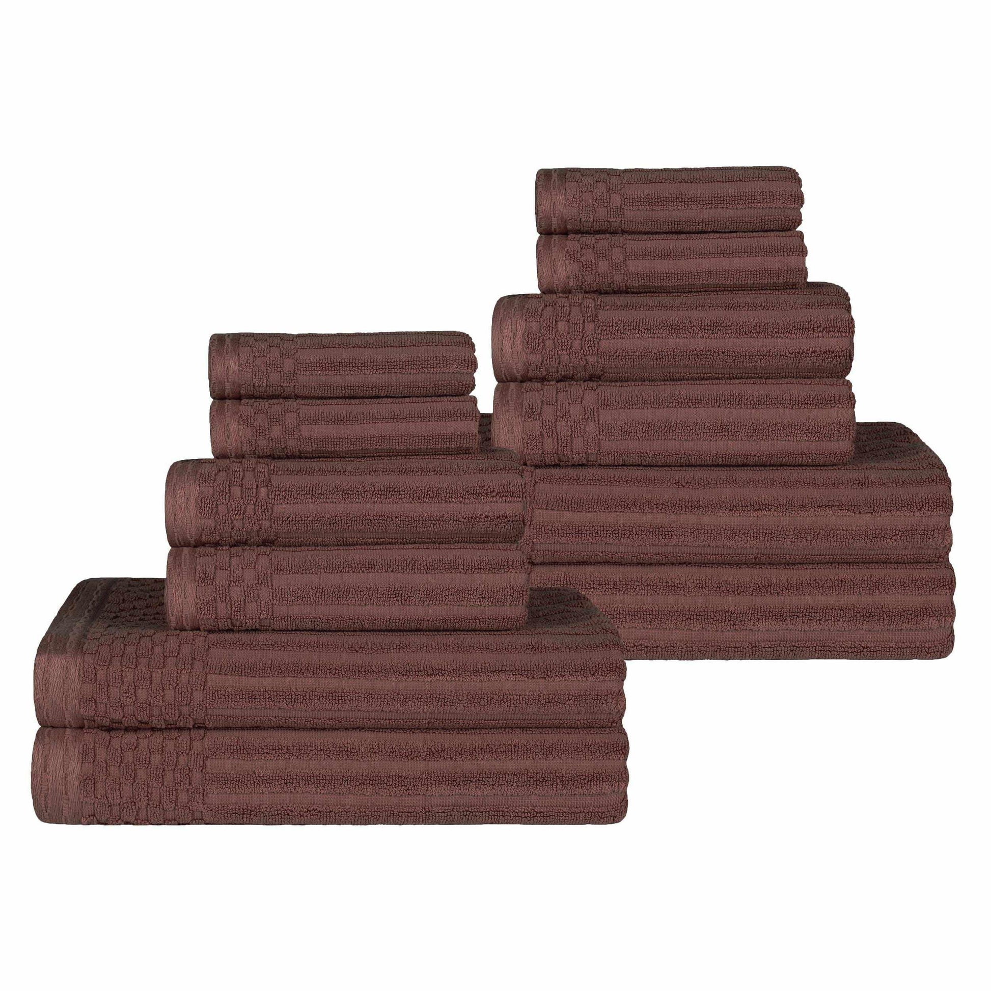 Ribbed Textured Cotton Medium Weight 12 Piece Towel Set - Java