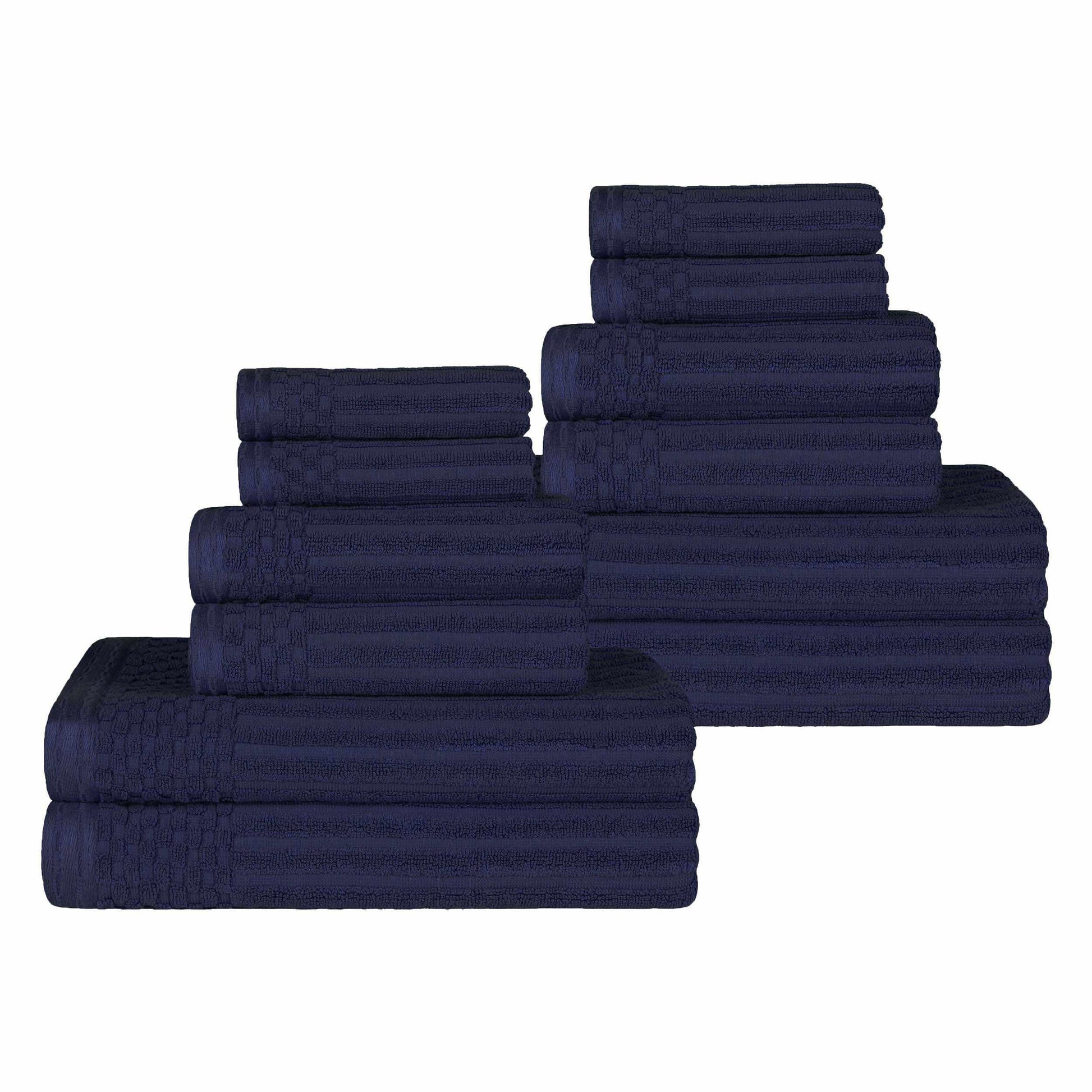 Ribbed Textured Cotton Medium Weight 12 Piece Towel Set - Navy Blue