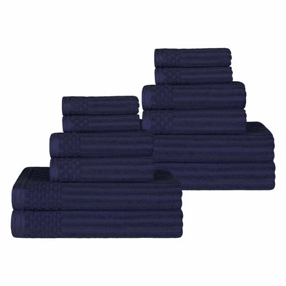 Ribbed Textured Cotton Medium Weight 12 Piece Towel Set - Navy Blue