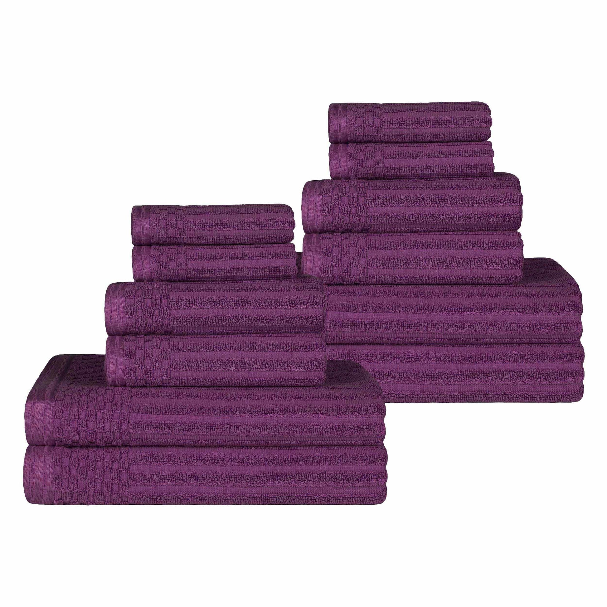 Ribbed Textured Cotton Medium Weight 12 Piece Towel Set -  Plum