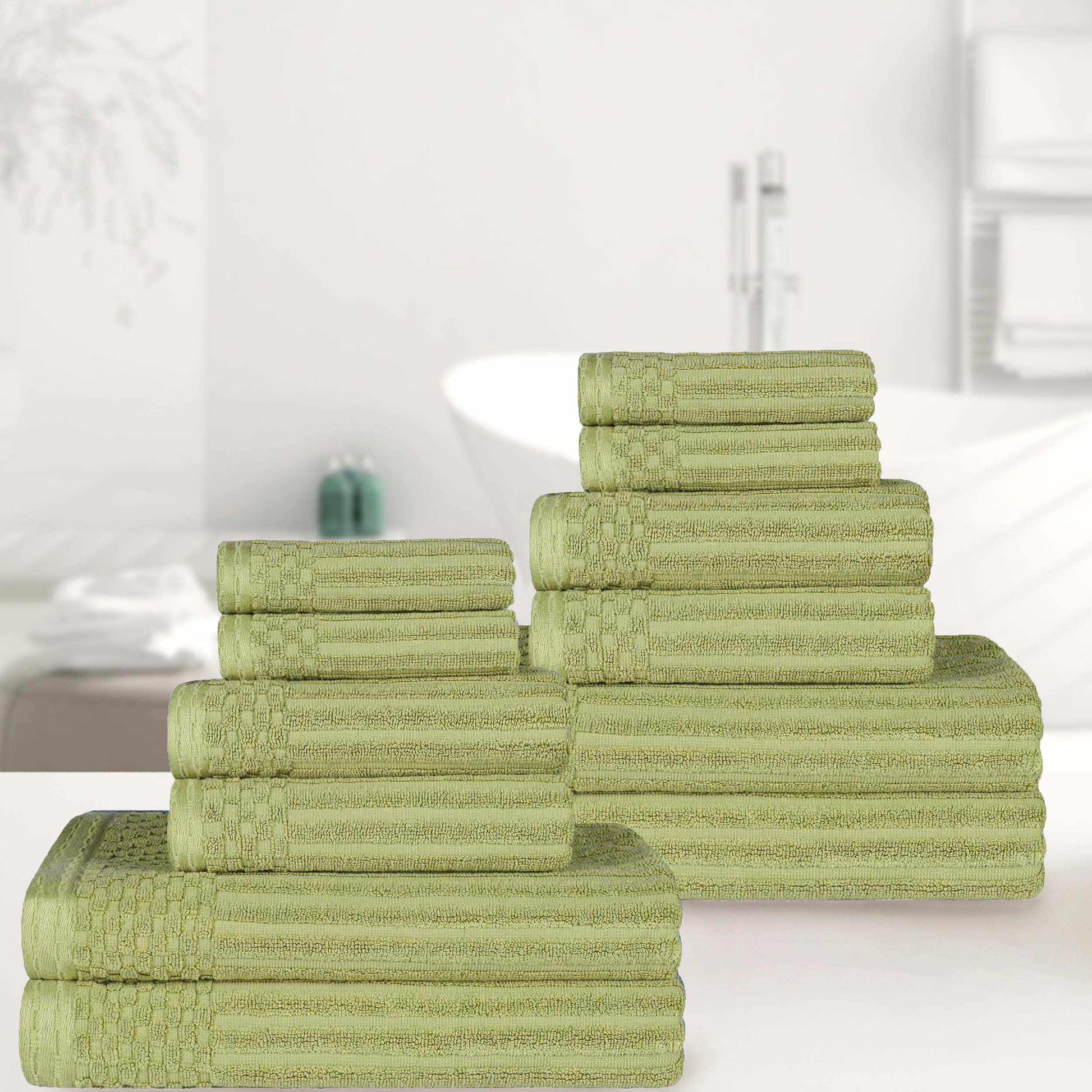 Ribbed Textured Cotton Medium Weight 12 Piece Towel Set - Sage