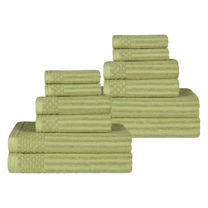 Ribbed Textured Cotton Medium Weight 12 Piece Towel Set - Sage