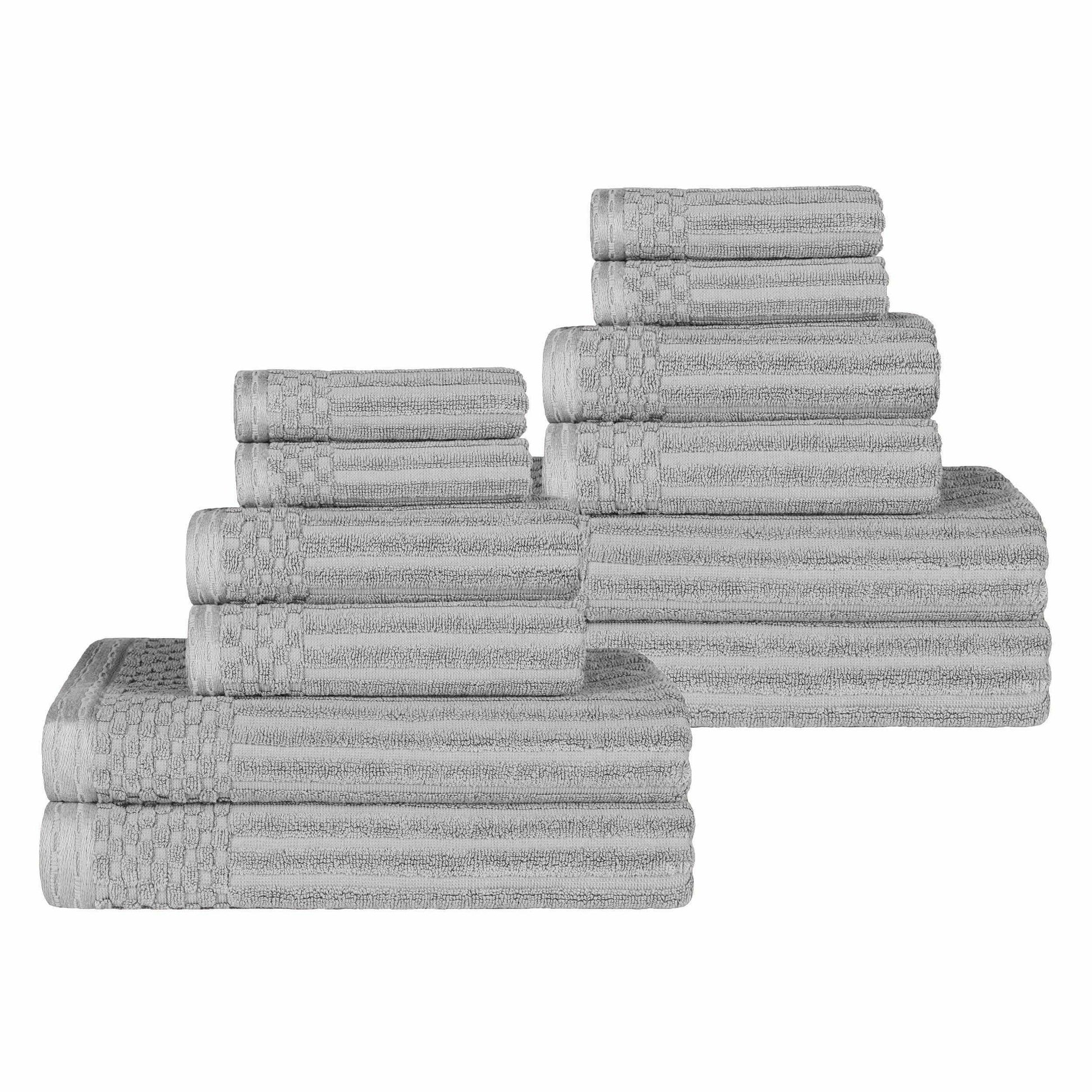 Ribbed Textured Cotton Medium Weight 12 Piece Towel Set - Silver