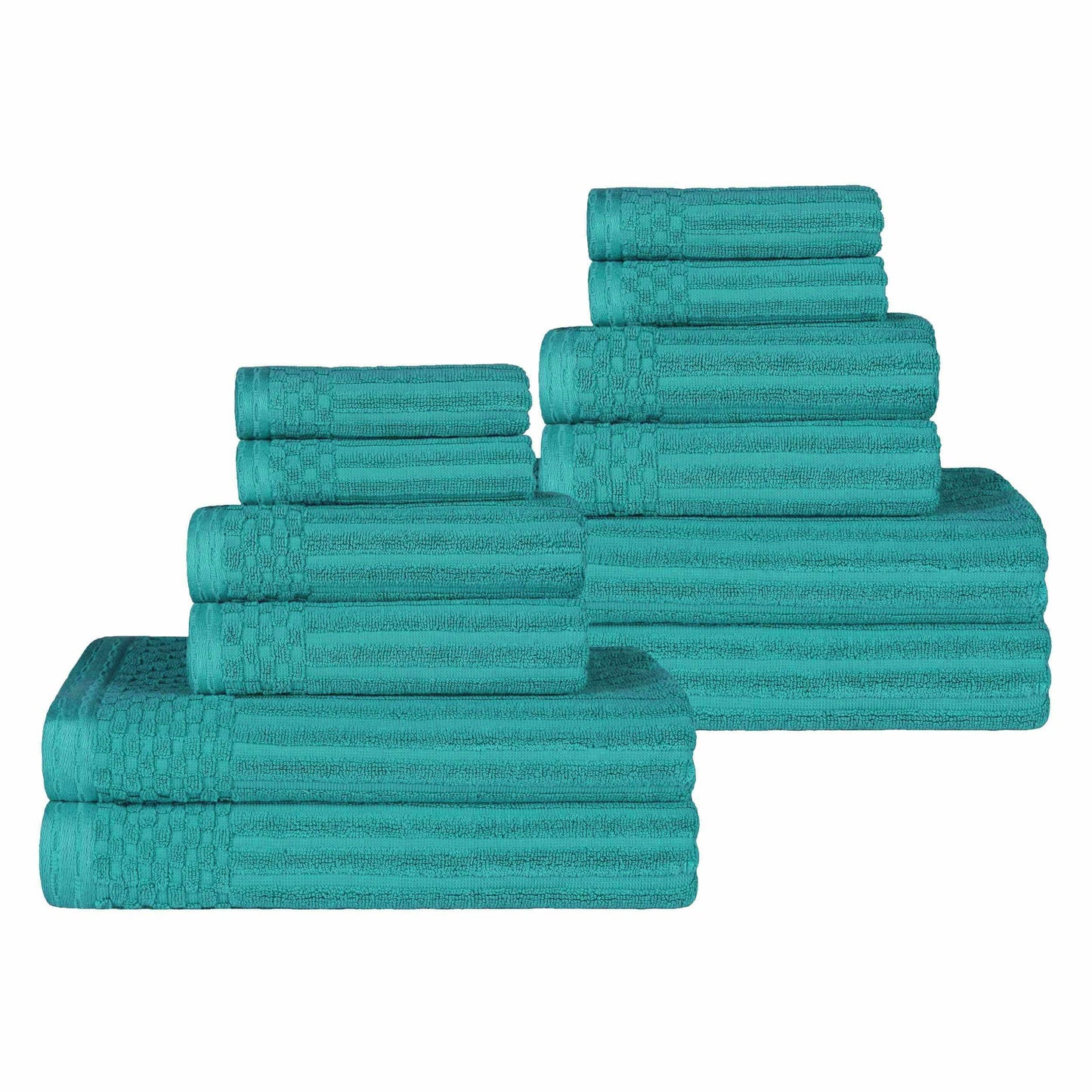 Ribbed Textured Cotton Medium Weight 12 Piece Towel Set - Turquoise