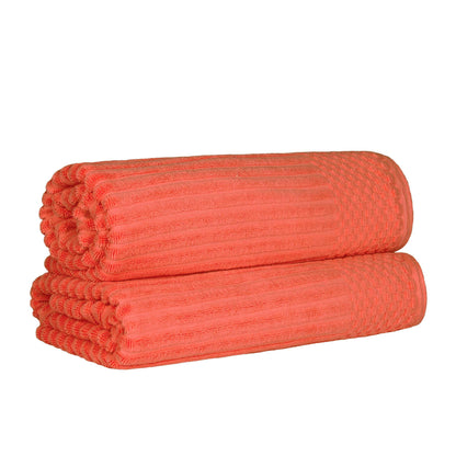 Ribbed Textured Cotton Bath Sheet Ultra-Absorbent Towel Set -  Coral