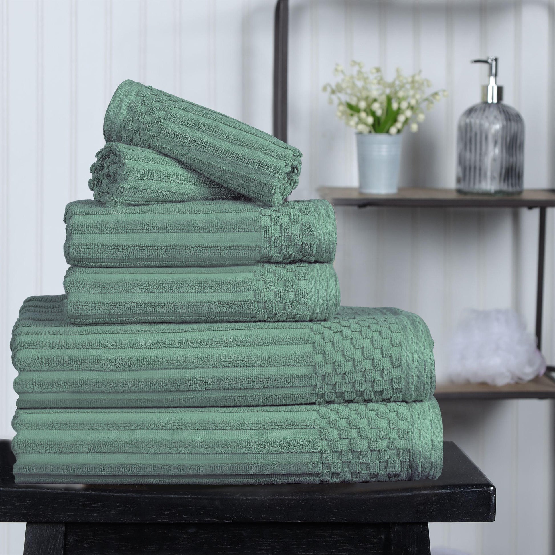 Ribbed Textured Cotton Medium Weight 6 Piece Towel Set - Basil