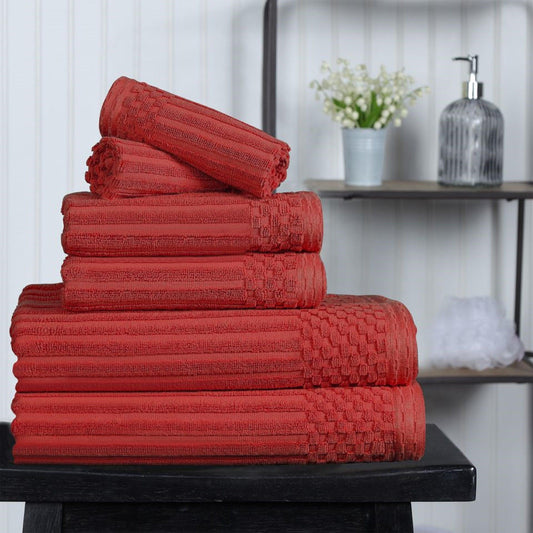 Ribbed Textured Cotton Medium Weight 6 Piece Towel Set - Burgundy